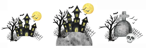 Halloween vakantie kasteel, vleermuis, maan, boom set. Feestkaart decoraties ontwerp. Aquarel Cartoon illustratie geïsoleerd op witte achtergrond. Halloween spookachtig nachthuis. — Stockfoto