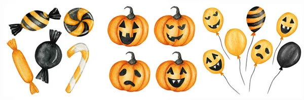 Balões de Halloween aquarela assustador, pumkins com rostos assustadores, doces doces para festa ilustração isolada no fundo branco. Feliz feriado laranja balão voador de ar. Truque ou tratar doces bar — Fotografia de Stock