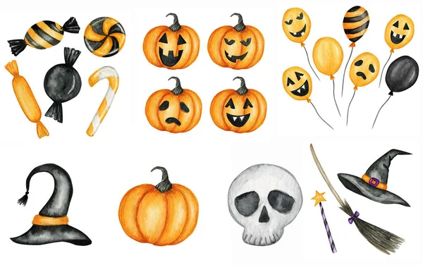 Balões de Halloween aquarela assustador, pumkins com rostos assustadores, doces doces para festa, chapéu de bruxa, vassoura, varinha mágica, crânio humano Isolado ilustração. Feliz feriado laranja Truque ou tratar doces bar — Fotografia de Stock