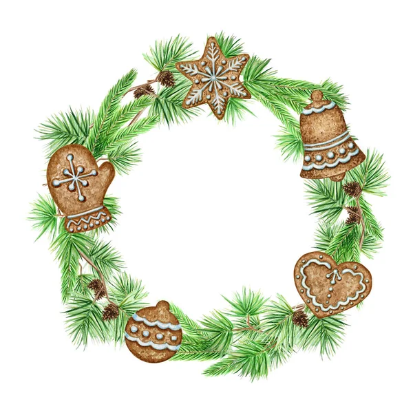 Christmas Wreath gingerbread cookies Greeting card, poster, banner concept. Round Frame of pine branches cones on white background, New Year watercolor hand drawn illustration with copy space for text — Stock Photo, Image