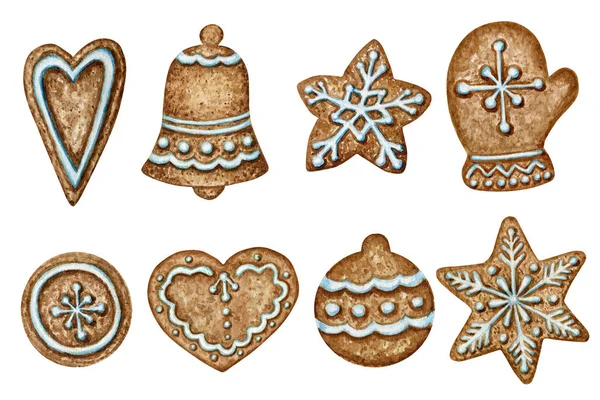 Christmas gingerbread cookies set, mitten heart bell winter holiday sweet food. Watercolor illustration isolated on white background. Xmas gift and tree decorations. Greeting card design concept — Stock Photo, Image