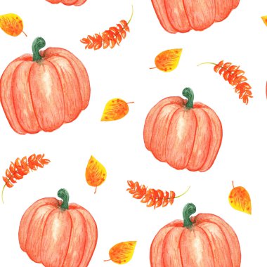 suluboya illüstrasyon. kabak ve sarı turuncu yaprakları ile dikişsiz sonbahar deseni.