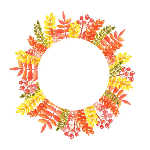Aquarell-Illustration eines runden Rahmens aus Herbstblättern mit rotorangen Farbtönen und Vogelbeerzweigen. — Stockfoto