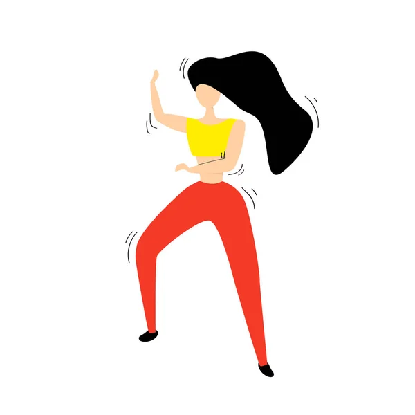 Girl with black hair dances in a yellow T-shirt and red pants Zumba dance. hands up. — Stock Vector