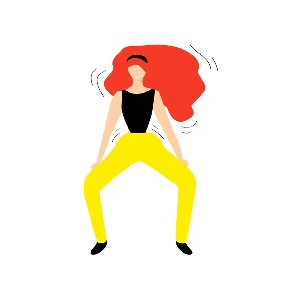 Redhead girl dancing in a black T-shirt and yellow pants Zumba dance. crouched, arms along the body.