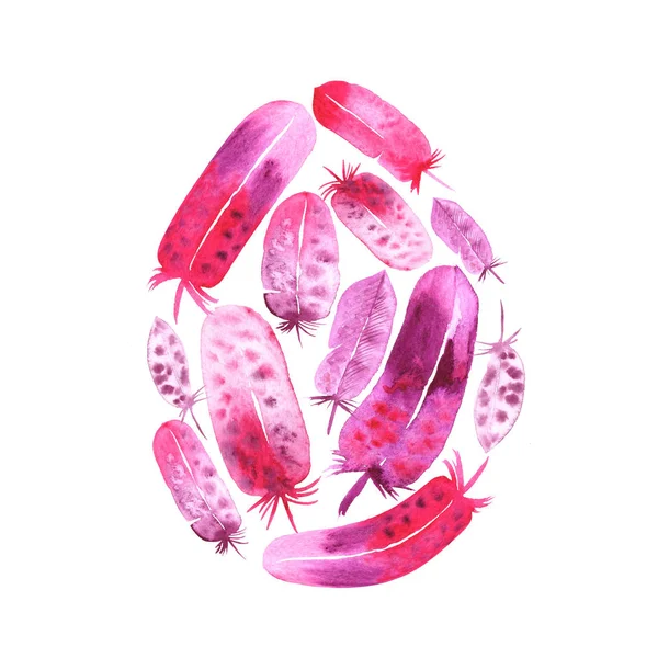 Plumas rosadas en forma de huevo. Acuarela ilustración dibujada a mano aislada sobre fondo blanco —  Fotos de Stock