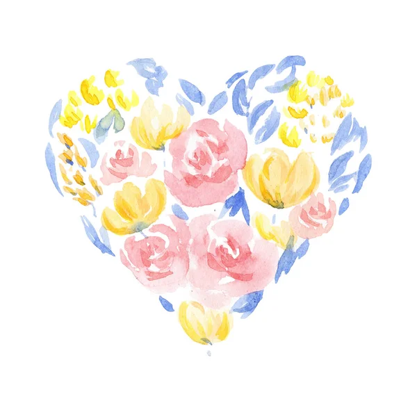 Watercolor heart shaped flowers. Design element for greeting cards — Stock Photo, Image