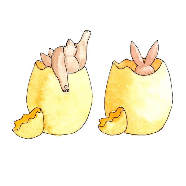 Пасхальный коричневый кролик влезает в разбитое желтое яйцо акварелью — стоковое фото