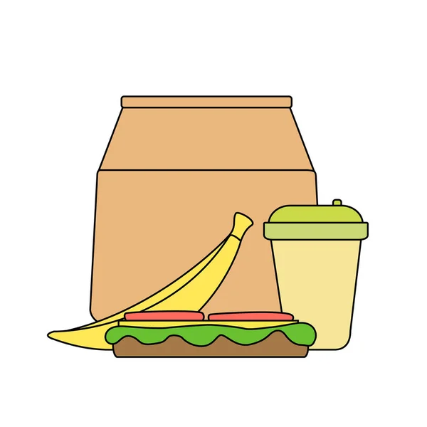 Lunchbox: Papiertüte, Banane, Sandwich mit Käse und Tomatensalat, Kaffee im Pappbecher. — Stockvektor