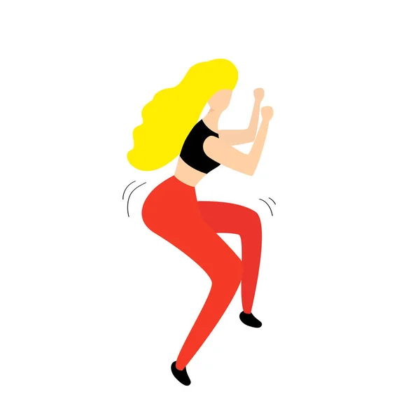 Girl dancing fitness squats. In red pants and black top.