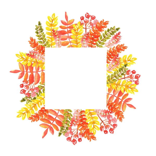 Ilustração aquarela de uma armação quadrada de folhas de outono e raminhos de rowan de sombras cor-de-laranja vermelhas . — Fotografia de Stock