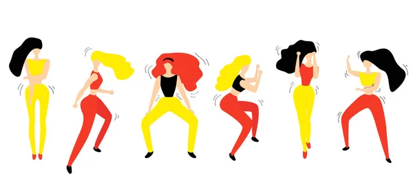 Grupa młodych tancerek szczęśliwy taniec kobiet na białym tle. Dziewczyny taniec fitness. — Wektor stockowy