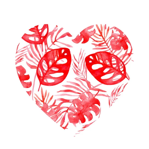 Ilustração aquarela do coração das folhas tropicais de coral — Fotografia de Stock