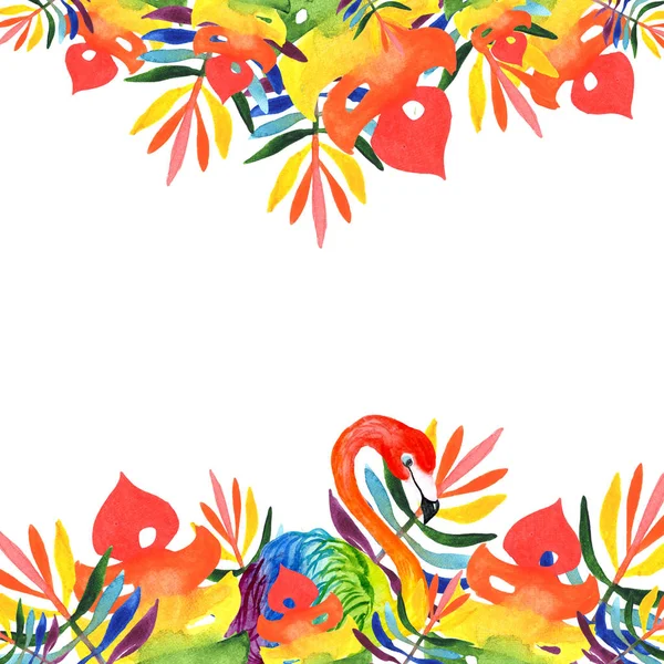 Illustrations aquarelle un cadre rectangulaire feuilles tropicales des couleurs arc-en-ciel de flamant rose . — Photo