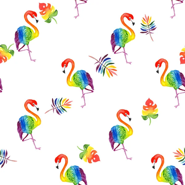 Motif d'illustration aquarelle d'un beau flamant rose exotique tropical arc-en-ciel avec des feuilles tropicales de couleur arc-en-ciel . — Photo