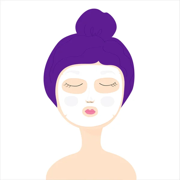 Young girl with cosmetic cloth face mask. girl with eyes closed. — Stock Vector