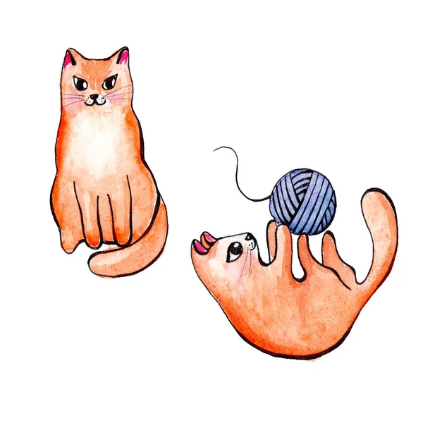 Ilustração de um esboço de um gato vermelho bonito em aquarela — Fotografia de Stock