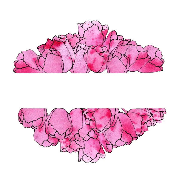 Desenho em aquarela ilustração de uma moldura retangular de tulipas rosa sobre um fundo branco com espaço para o seu texto . — Fotografia de Stock
