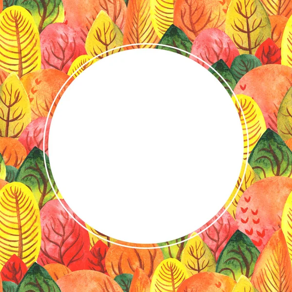 Illustration aquarelle d'automne cadre carré avec forêt d'automne de teintes orange-jaune rouge . — Photo