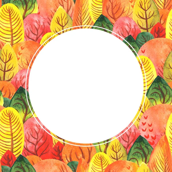 Autumn watercolor illustration square frame with autumn forest of red yellow orange hues.