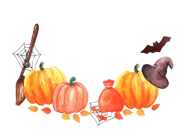 Акварельная иллюстрация к празднику Хэллоуин: тыквы, пауки, метла, колпак, летучая мышь, паутина, мешок сладостей . — стоковое фото