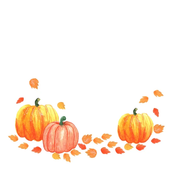 Cadre aquarelle illustration pour les vacances Halloween, récolte. Cadre de citrouilles et feuilles d'automne sur un blanc — Photo