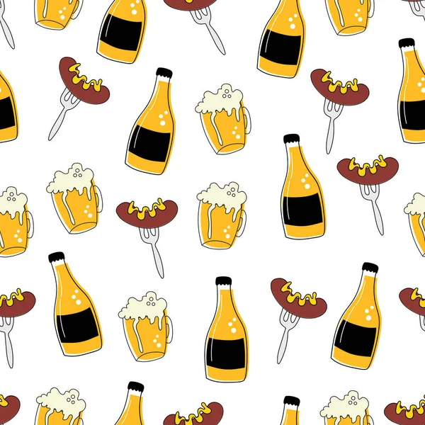 Illustration nahtlose Musterhintergrund von Tassen, Flaschen Bier und Würstchen mit Ketchup auf einer Gabel. — Stockvektor