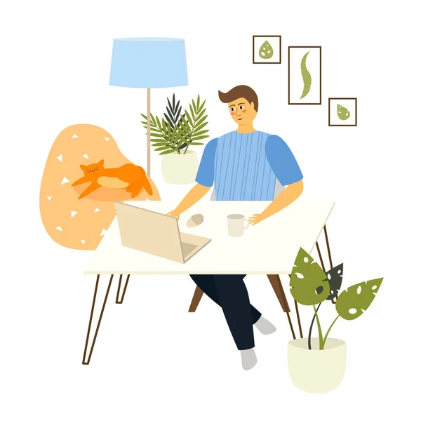 Illustration Jeune Homme Affaires Travaillant Maison Une Table Dans Ordinateur — Image vectorielle