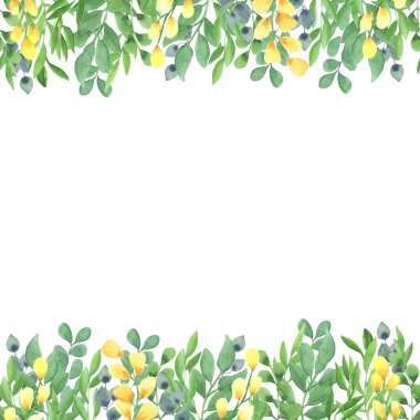 Resimlerde, alttaki ve üstteki yeşil yaprakların kenarları boyunca dikişsiz bir çerçeve var. Sarı çiçekli. Beyaz arkaplandaki boşluğu kopyala. Bahar havası. Kartlar, tasarım, el ilanları, afişler için..