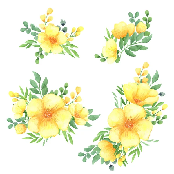 Ilustração Aquarela Conjunto Flores Amarelas Folhas Verdes Galhos Arranjos Florais — Fotografia de Stock