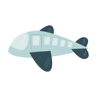 Beyaz arka planda koyu mavi kanatları olan şirin mavi bir uçak tasviri. Tasarım için, bir çocuk için çocuk baskısı. elle çizilmiş düz biçim, vektör.