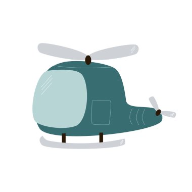 Beyaz arka planda şirin mavi bir helikopterin çizimi. Tasarım için, bir çocuk için çocuk baskısı. elle çizilmiş düz biçim, vektör.