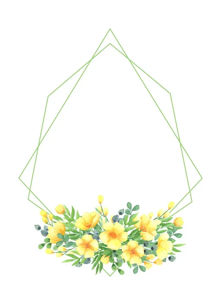 Ilustração Aquarela Moldura Geométrica Verde Com Uma Composição Flores Amarelas — Fotografia de Stock