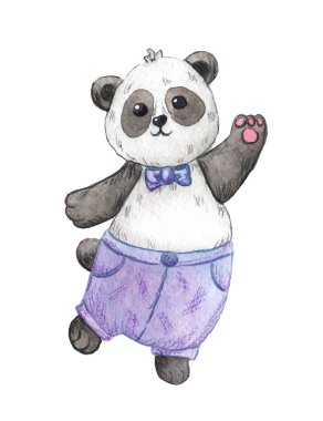 Pençesini sallayan şirin bir pandanın suluboya çizimi. Papyonlu ve mor pantolonlu. Çocuk baskısı. tasarım, kartlar, albümler, dekorasyon için