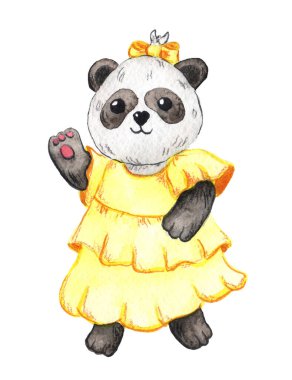 Arka bacaklarında sarı bir elbiseyle dans eden tatlı bir panda kızı suluboya çizimi. Beyaz arka planda elle çizilmiş. Çocuk baskısı. tasarım, dekorasyon, albüm, kartlar, davetiyeler için.