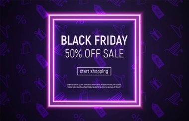 Menekşe üzerinde neon kare çerçeve ile Black Friday satış afiş