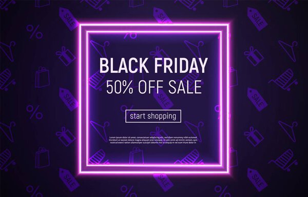 Black Friday sale banner with neon square frame on violet