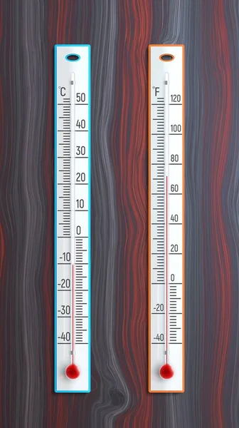 Zwei Thermometer, die auf einer Holzoberfläche liegen — Stockvektor