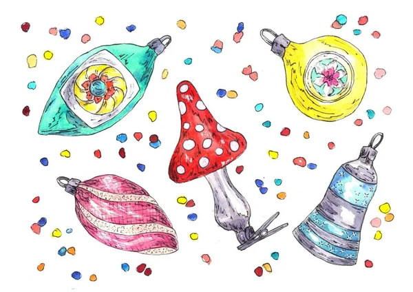 Noel el ağaç için vintage süslemeleri çizilmiş 