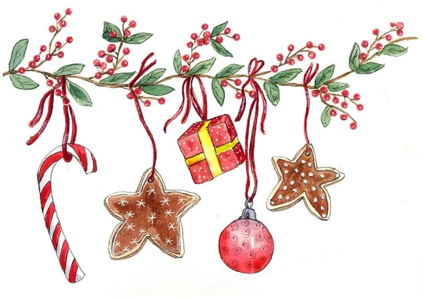 Noel özellikleri - top, zencefilli kurabiye, hediyeler, dekoratif illüstrasyon