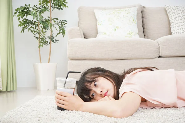 Young Asian Woman Lying Carpet Drink — Stock Photo, Image