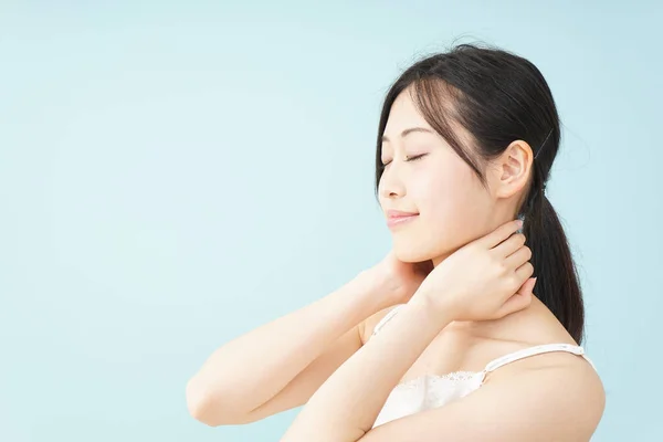 Young Asian Woman Touching Her Neck Hands Body Care Concept — Stock Photo, Image