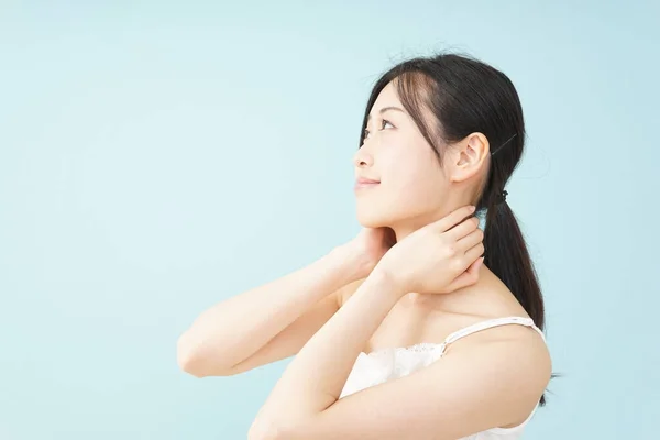 Young Asian Woman Touching Her Neck Hands Body Care Concept — Stock Photo, Image