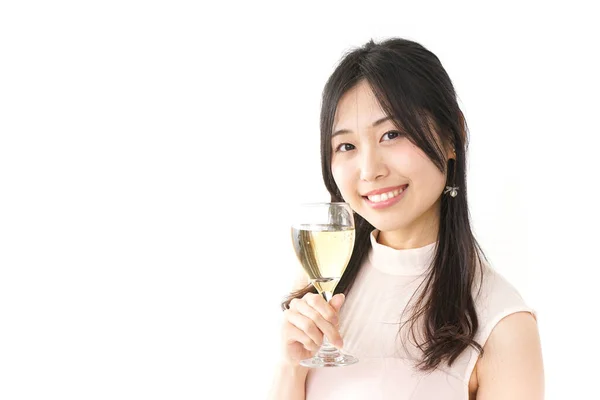 Felice Donna Asiatica Bere Vino — Foto Stock