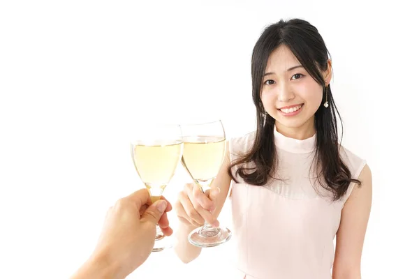 Gelukkig Aziatische Vrouw Drinken Wijn — Stockfoto