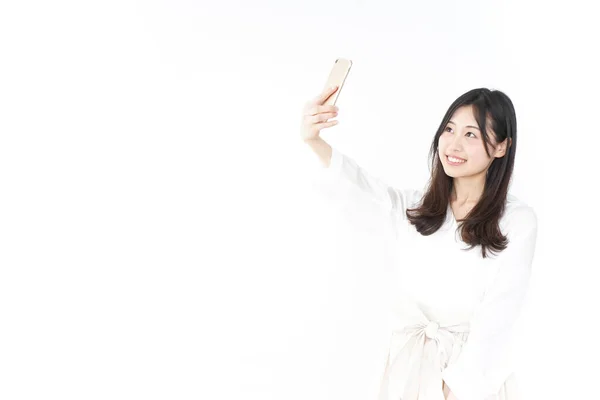 Young Asian Woman Taking Selfie Smartphone — Stock Photo, Image