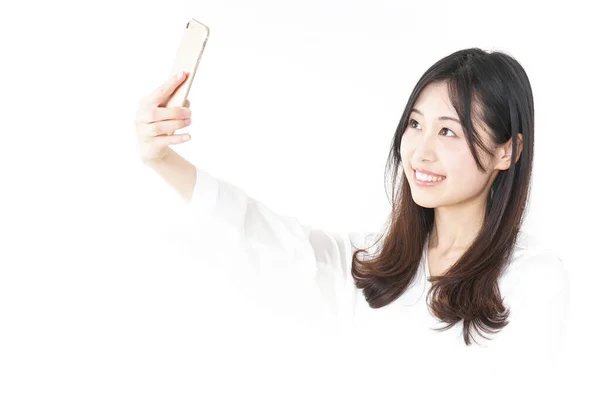 Young Asian Woman Taking Selfie Smartphone — Stock Photo, Image