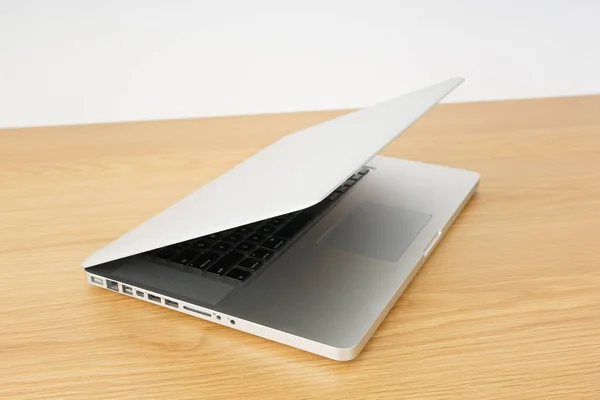 Laptop Wooden Table Close View — Stock Photo, Image