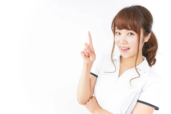 Young Asian Woman Pointing Finger White Background — Stock Photo, Image