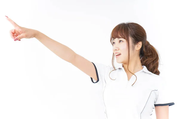 Young Asian Woman Pointing Finger White Background — Stock Photo, Image